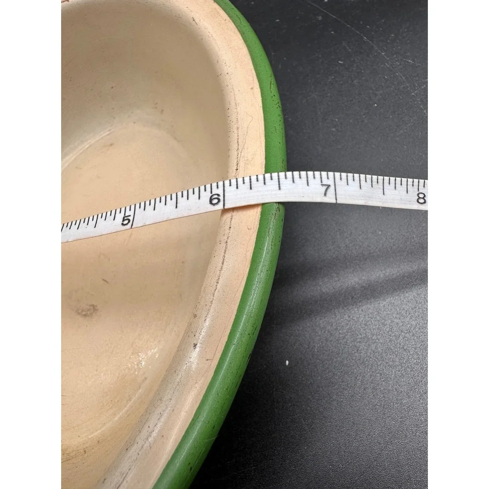 Vintage Enamelware Oval Basin Bowl Green Trim Cream Farmhouse Decor Kitchenware